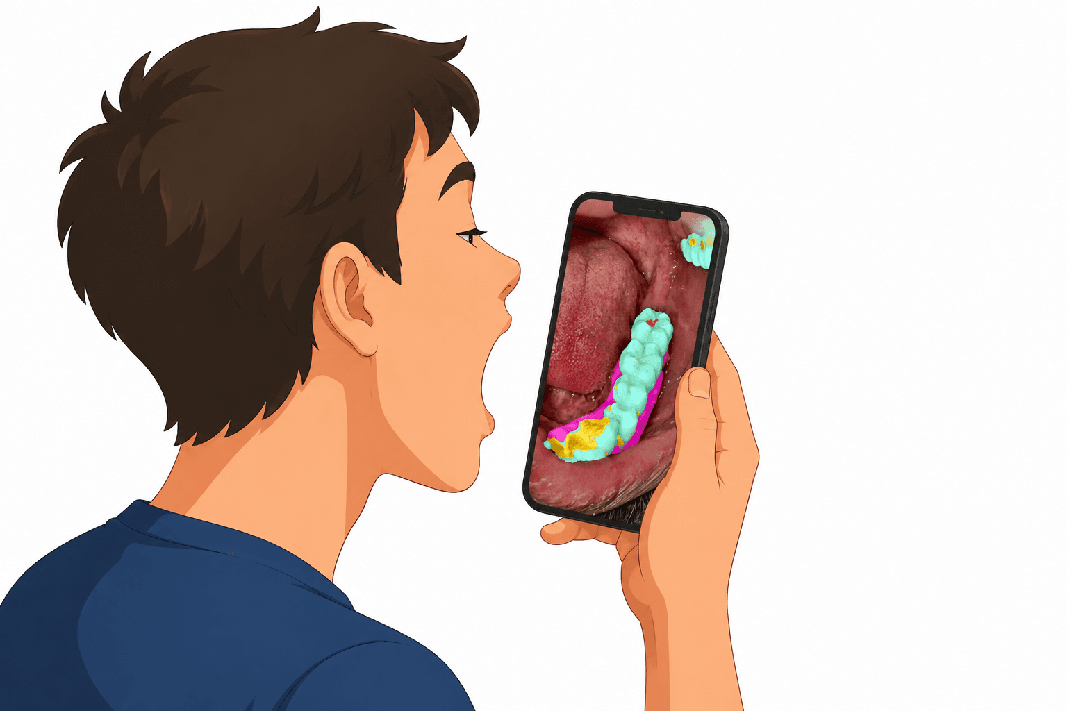 Patient prenant une photo intra-orale pour l'analyse Vision IA MouthCare