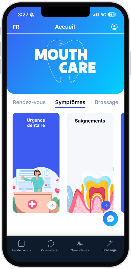 App, accueil, onglet Symptômes