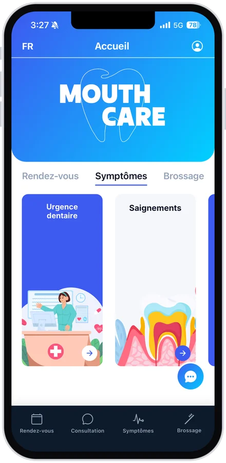App, accueil, onglet Symptômes