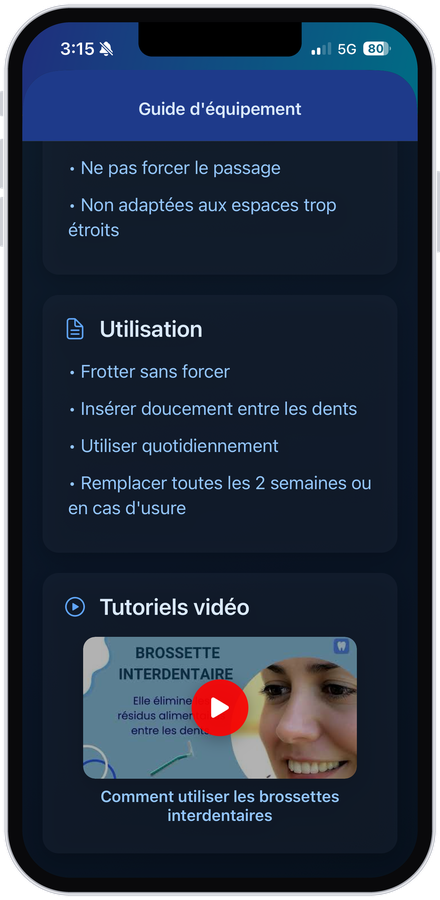 App MouthCare, guide d'équipement, brossettes interdentaires