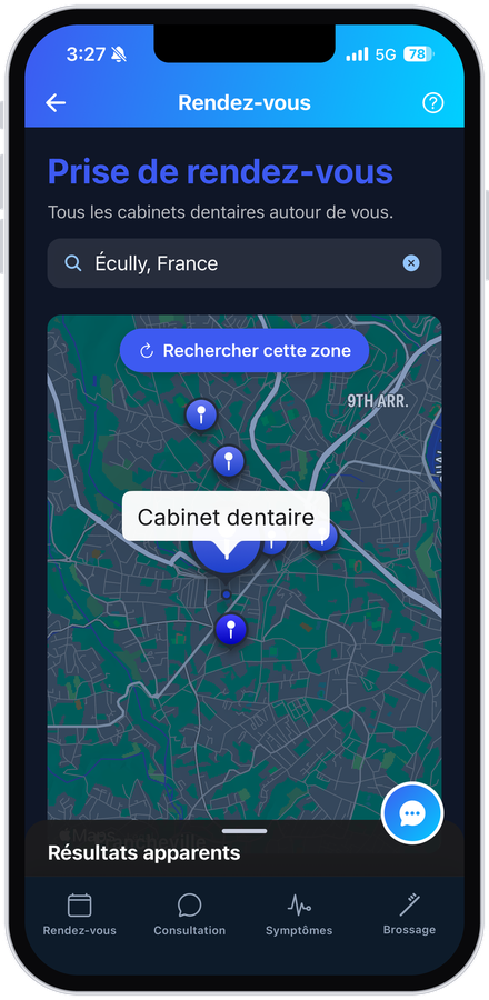 App MouthCare, carte des cabinets et des urgences