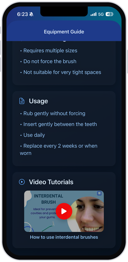 MouthCare app, equipment guide, interdental brushes