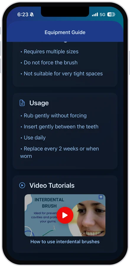 MouthCare app, equipment guide, interdental brushes