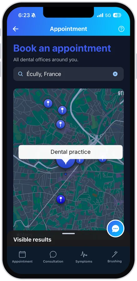 MouthCare app, map of practices and emergency services